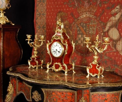 ***** Sold ***** Rococo Red Veneer and Ormolu Clock Set by Japy Freres French - Circa 1880